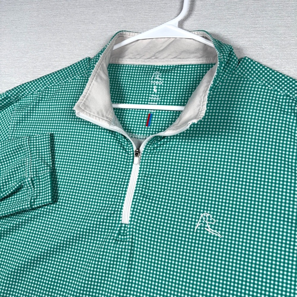 Rhoback 1/4 Zip Pullover Mens Size L Green Gingham Poly Spandex Long Sleeve